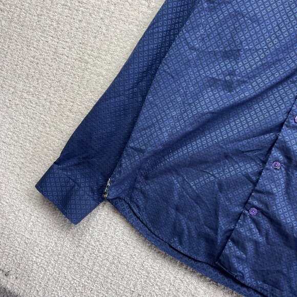 Au Noir Shirt Men Sz 4 Button Up Blue Geometric Holographic AOP Boho Preppy - Picture 3 of 13